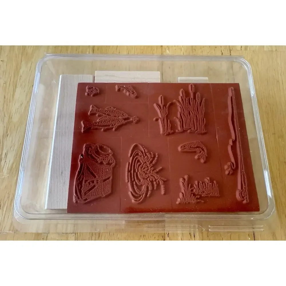 STAMPIN UP FISHIN Unmounted 9 Rubber Stamps Pole Kreel Water Scene‎ Fishing NEW